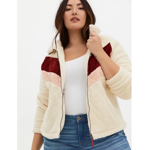 Red Chevron Stripe Faux Fur Zip Jacket - Picture 1 of 8